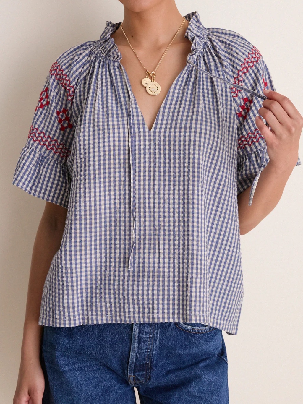 Tuckernuck Nwt Gingham Embroidered Blouse